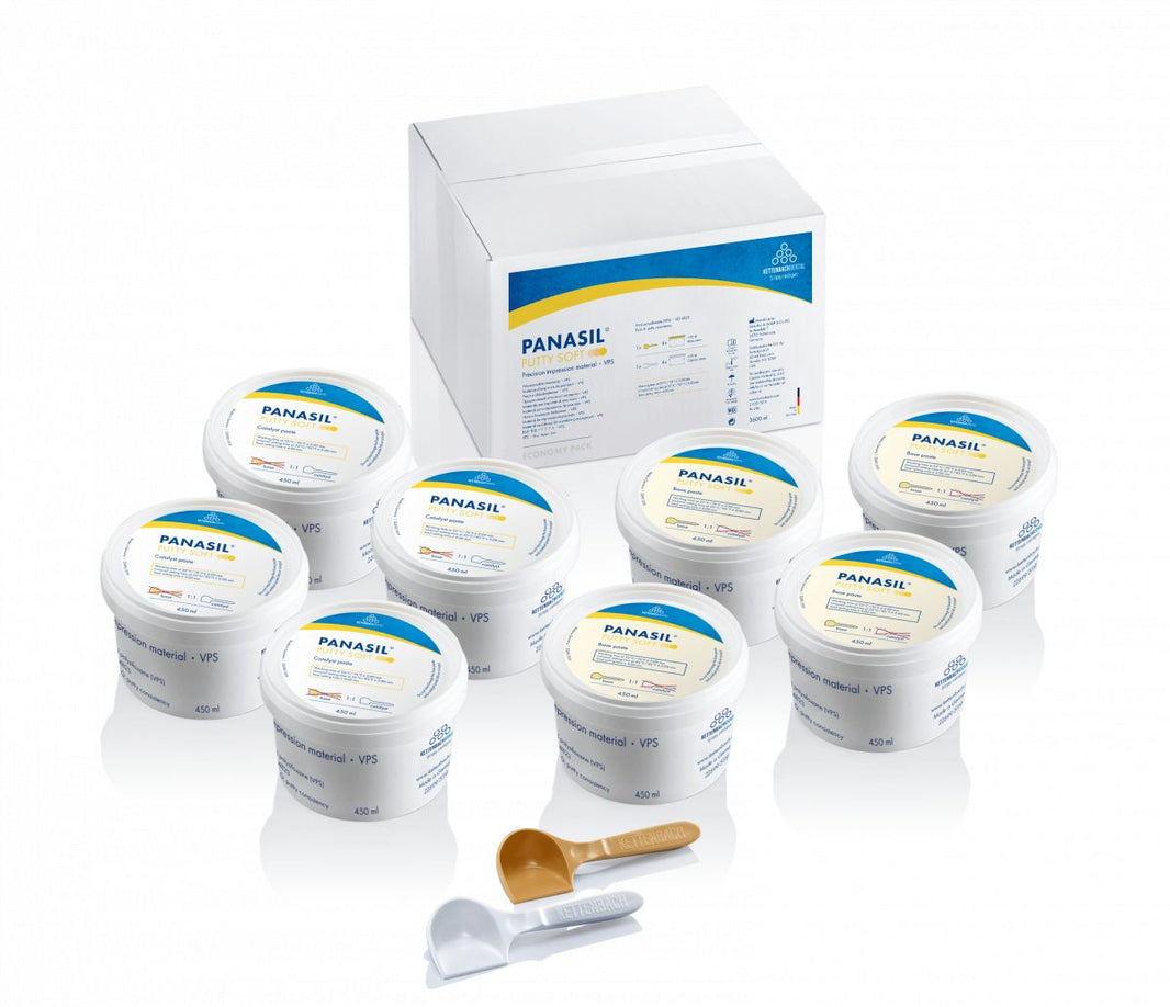 Panasil® Putty Soft Economy Pack mit 8 Dosen à 450ml und Zubehör.