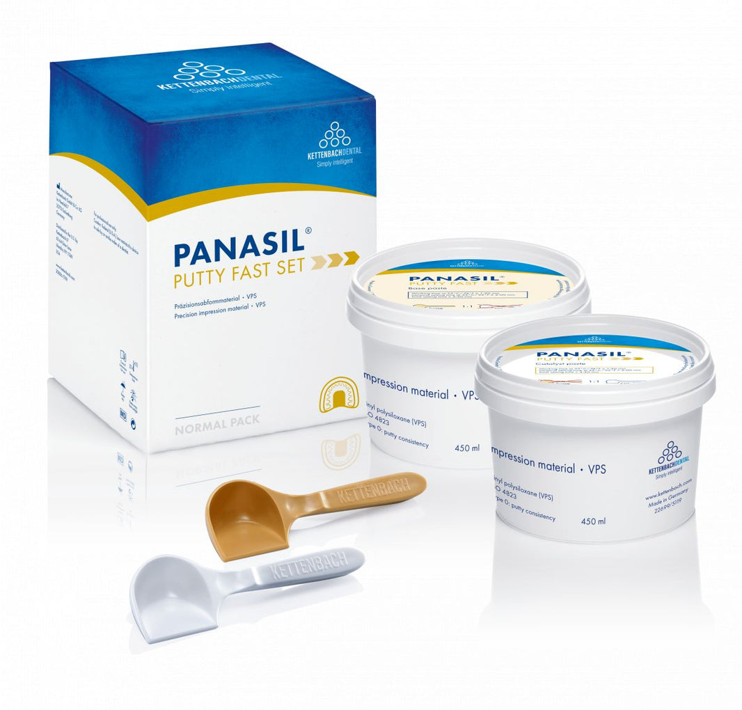 Panasil® Putty Fast Set Normal Pack mit zwei 450ml Behältern und Messlöffeln.