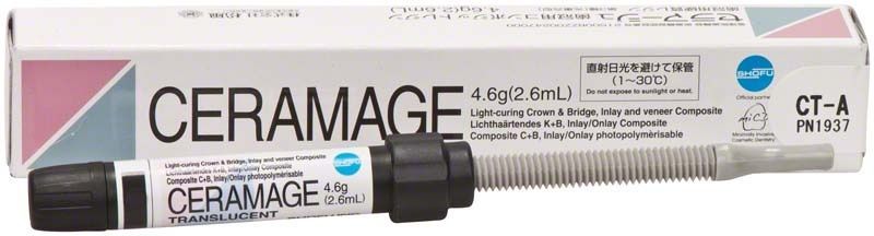 Ceramage Hals Transluzent CT-A Komposit-Spritze und Verpackung von Shofu Dental.