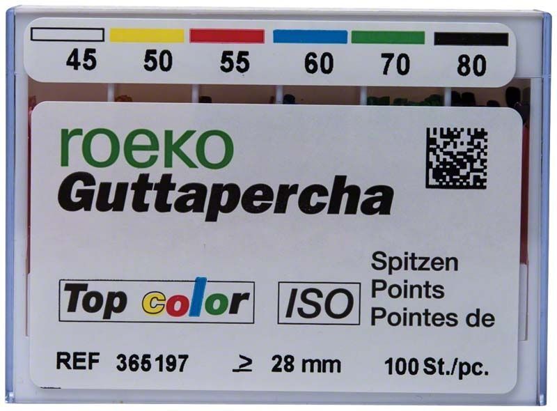 ROEKO Guttapercha-Spitzen im Schiebeschachtel mit ISO-Farbkodierung.
