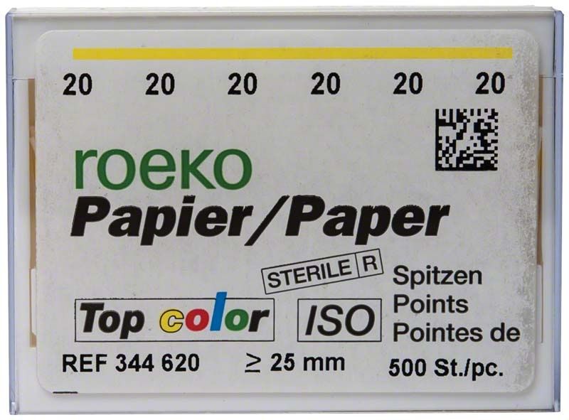 ROEKO Papierspitzen Top color Größe 020, sterile Vorratspackung mit 500 Stück.