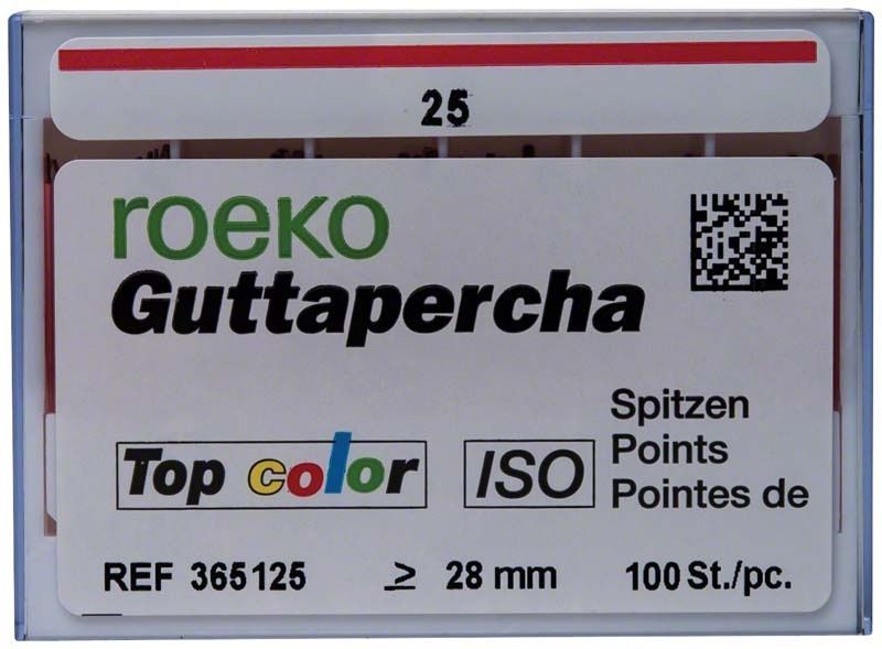 ROEKO Guttapercha-Spitzen Top color Gr. 025 Verpackung mit Farbkodierung.