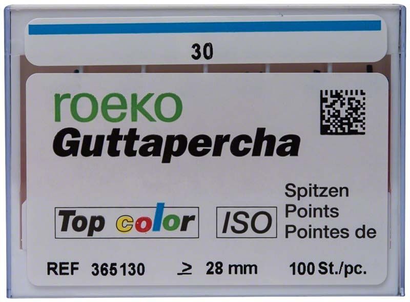 ROEKO Guttapercha-Spitzen Top color Schiebeschachtel, Größe 030, blau, 100 Stück.