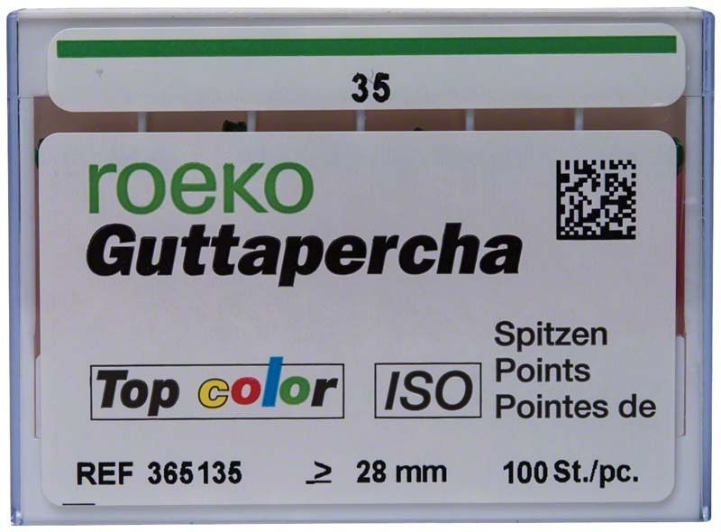 ROEKO Guttapercha-Spitzen Gr. 035 in Schiebeschachtel mit Farbcodierung.