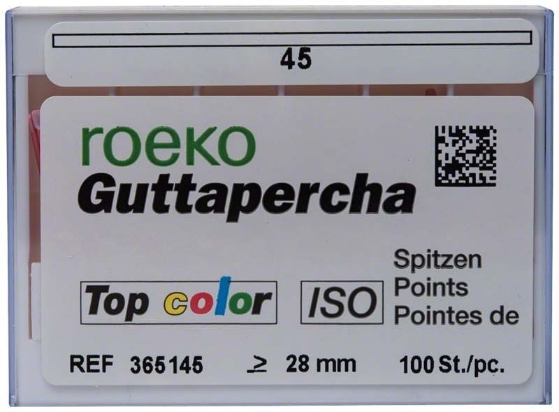 ROEKO Guttapercha-Spitzen Gr. 045 in Schiebeschachtel mit Farbkodierung.