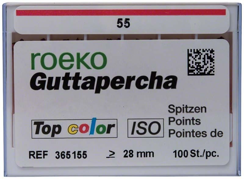 Roeko Guttapercha-Spitzen Gr. 55 in Schiebeschachtel, ISO-farbkodiert.