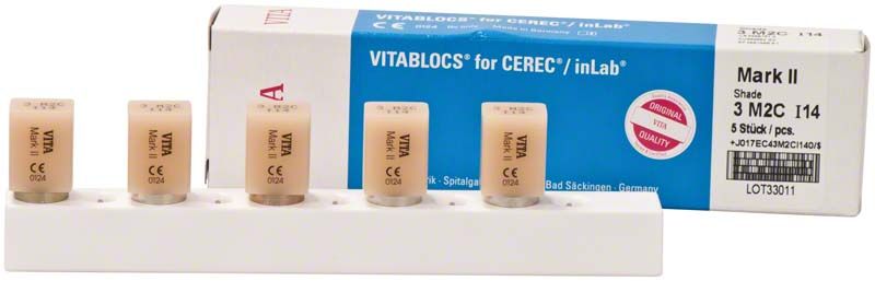 VITABLOCS® Mark II 3M2C zahnfarbene Rohlinge in Verpackung.