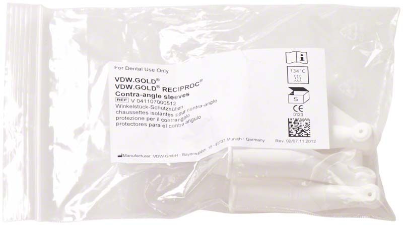 Winkelstück-Schutzhüllen VDW.GOLD® in transparenter Verpackung mit Etikett.