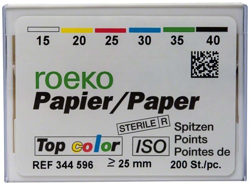 ROEKO Papierspitzen Topcolor Packung mit Farbkodierung für Zahnkanaltrocknung.