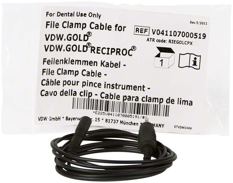 Feilenklemmkabel VDW.GOLD® mit Verpackung und Produktinformationen.