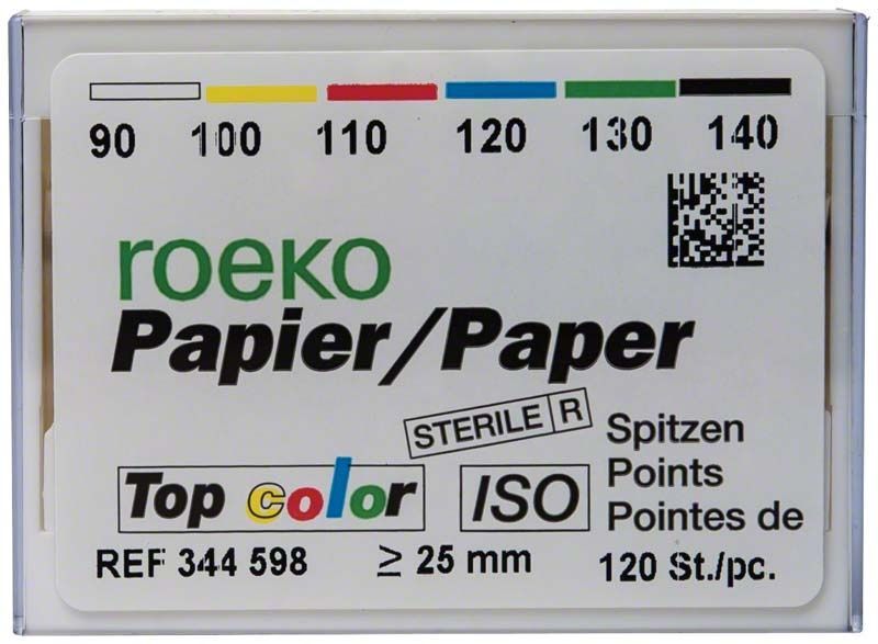 Roeko Papierspitzen Top color in sortierter Packung für Endodontie.