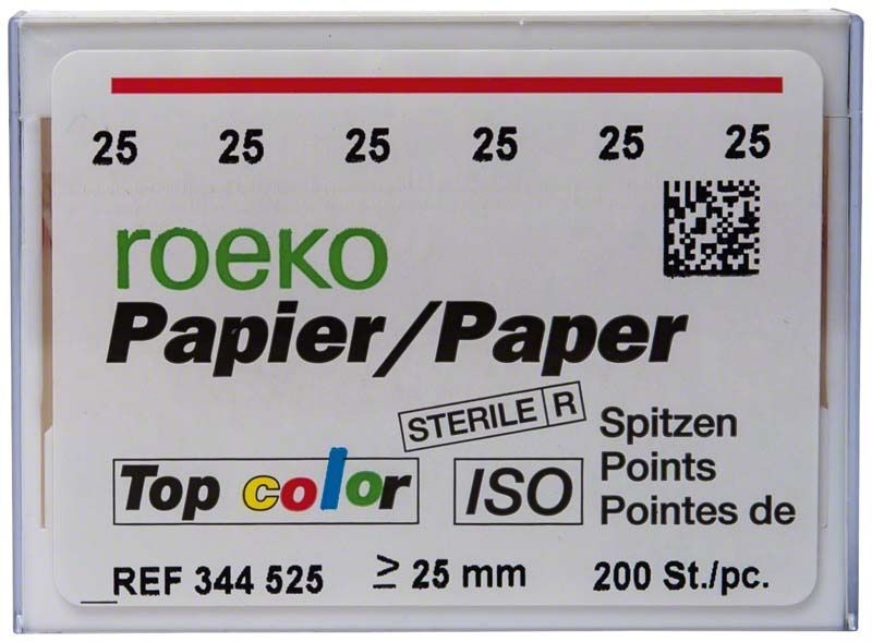 ROEKO Papierspitzen Top color Gr. 025 in Verpackung, sterilisiert für Dentalgebrauch.