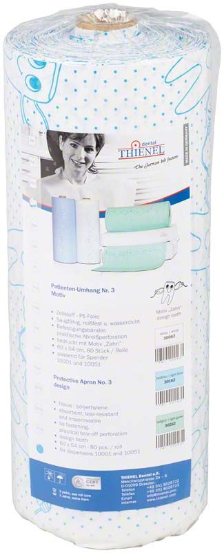 Patienten-Umhang Nr. 3 mit Zahn-Motiv auf Verpackung.
