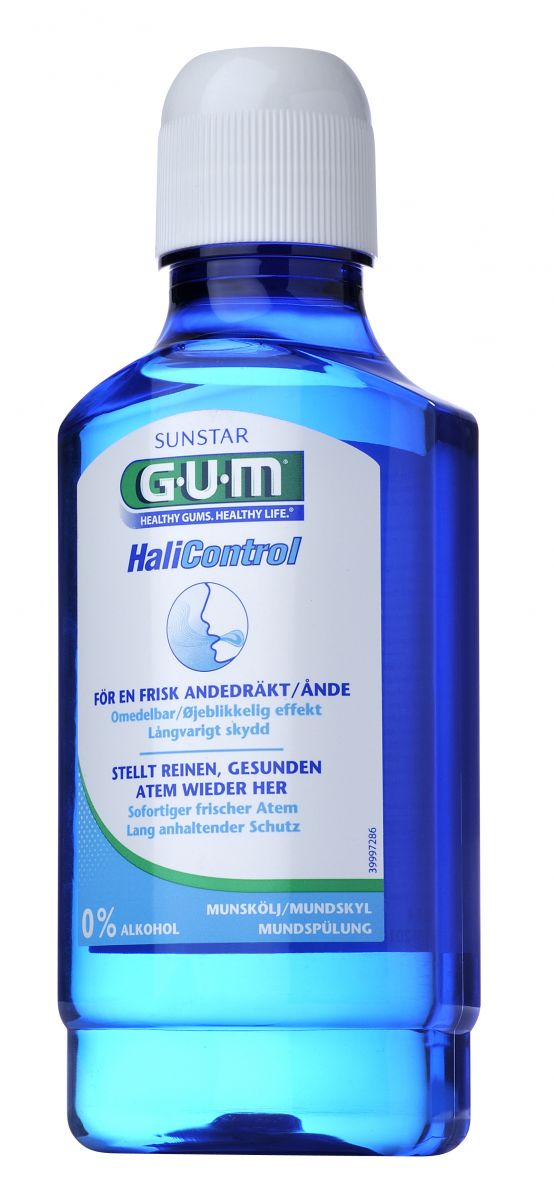 GUM HaliControl Mundspülung 300ml in blauer Flasche mit Etikett.