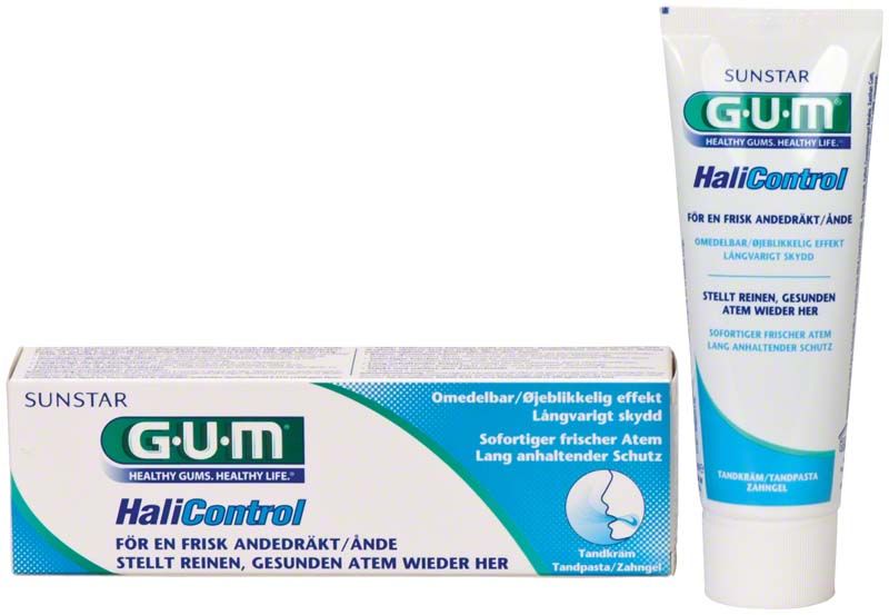 GUM HaliControl Zahngel 75ml mit Verpackung und Tube.