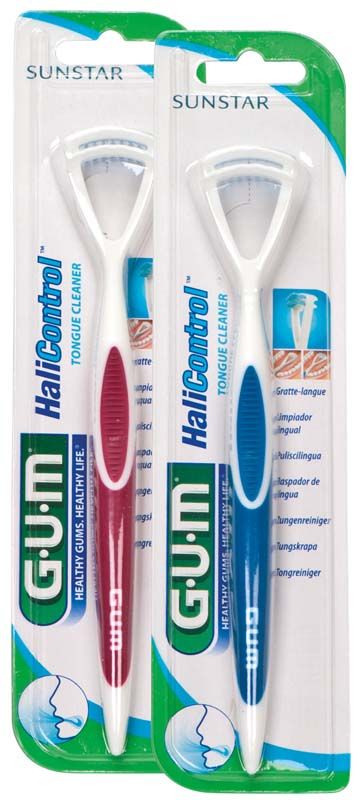Zwei GUM® HaliControl® Zungenreiniger in Blisterverpackung, rot und blau.