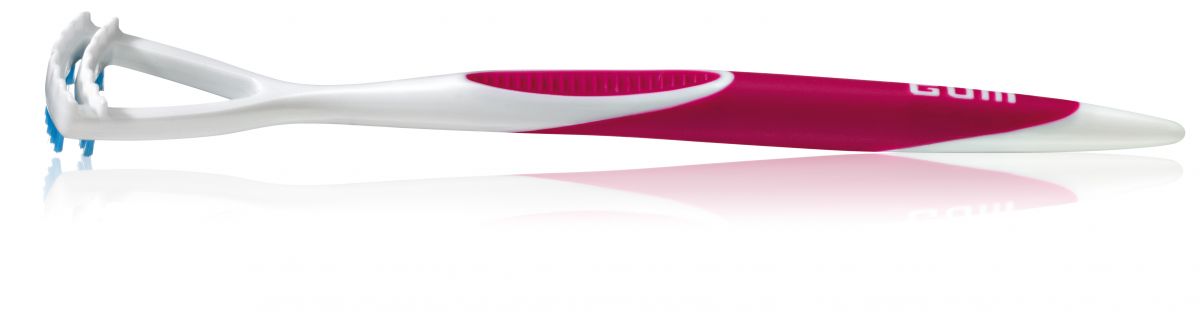 Zungenreiniger GUM® HaliControl® mit rotem ergonomischem Griff und blauen Borsten.