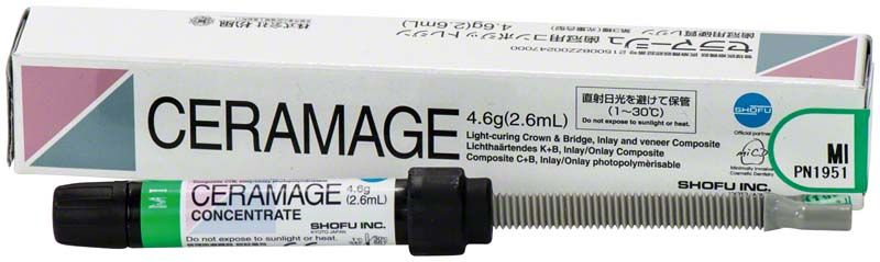 Ceramage Effekt MI Zahnmaterial mit Verpackung und Spritze.