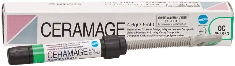 Ceramage Effekt OC Verblendkunststoff von Shofu Dental in Spritze und Verpackung.