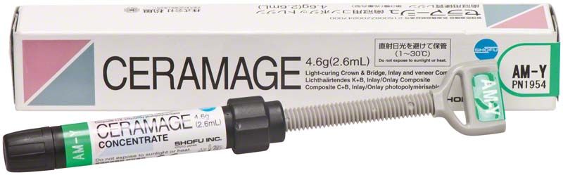 Ceramage Effekt AM-Y Zahnrestaurationsmaterial mit Verpackung und Applikationsspritze.