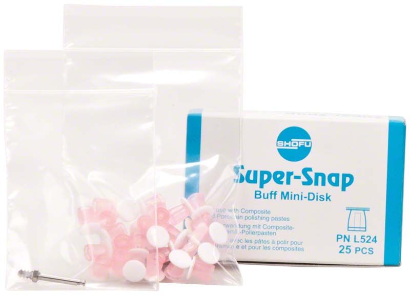 Super-Snap Buff Mini-Disk Set mit Beutel und Verpackung.