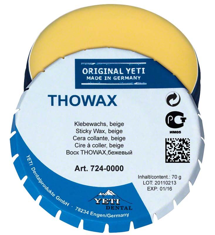 Thowax Klebewachs beige für dentale Anwendungen in runder Verpackung.