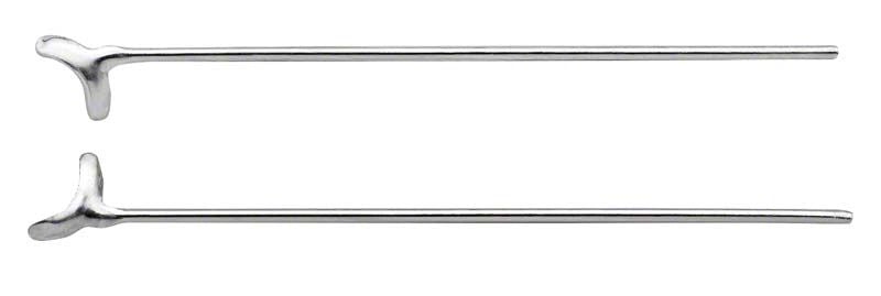 Zwei gerade Edelstahlklammern für den dentalen Einsatz.