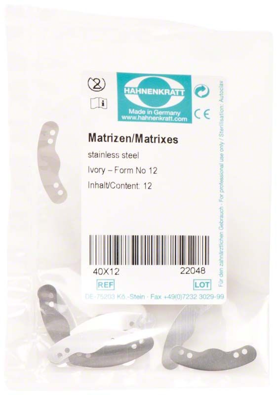 Matrizen Ivory 12er Packung aus Edelstahl in transparenter Verpackung.