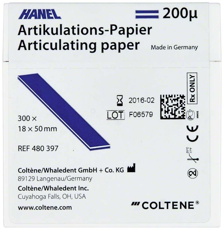HANEL Artikulationspapier 18x50mm 200µ in blauer Verpackung.