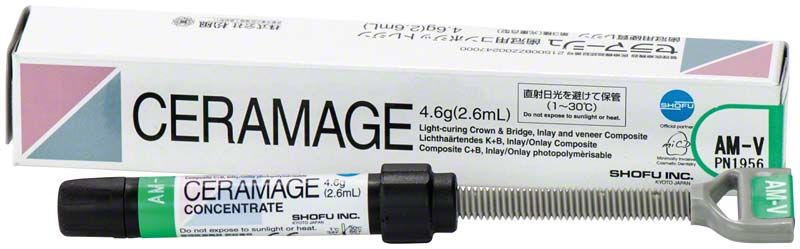 Ceramage Effekt AM-V Komposit-Spritze mit Verpackung im Hintergrund.