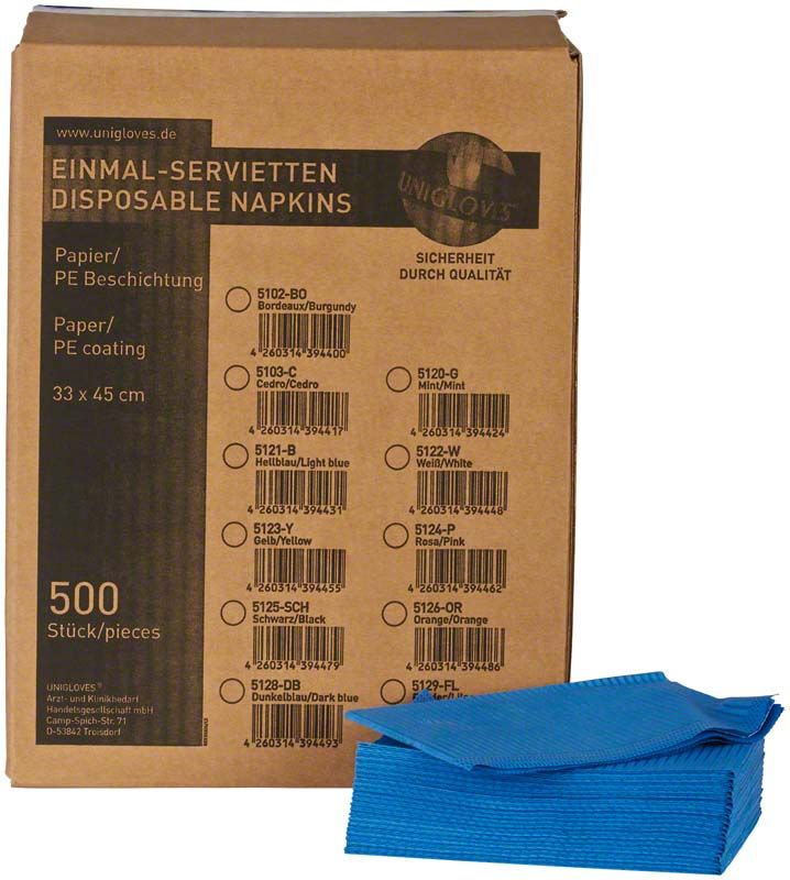 Einmal-Servietten, dunkelblau, 2-lagig Papier, 1-lagig Polyethylen, 500 Stück.