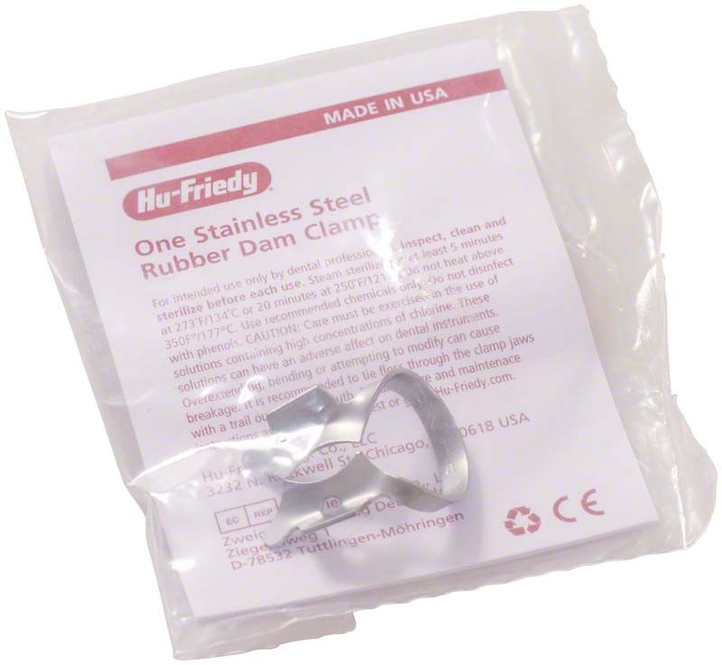 Kofferdam-Klammer aus Edelstahl für OK Molaren in Verpackung.