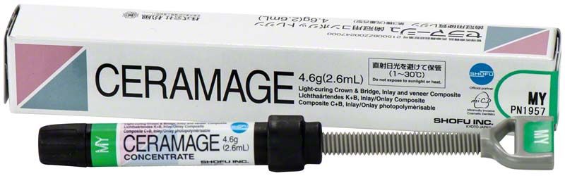 Keramik-Verblendmaterial Ceramage Effekt MY in Spritze mit Verpackung.