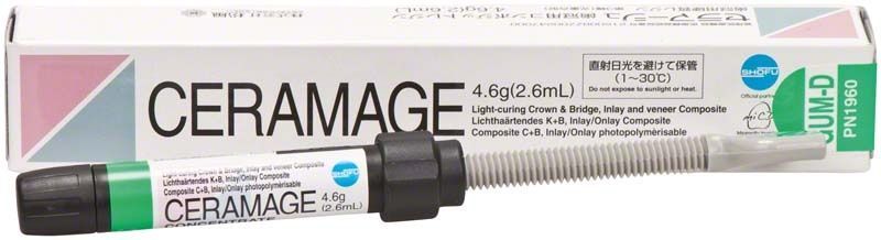 Ceramage Zahnfleischmasse GUM-D Spritze vor Produktverpackung.