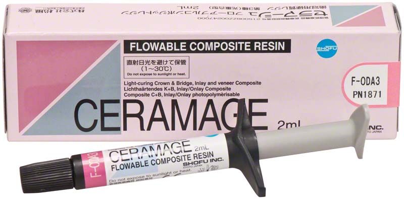 Ceramage Flowable Composite F-ODA3 in Spritze mit Verpackung.