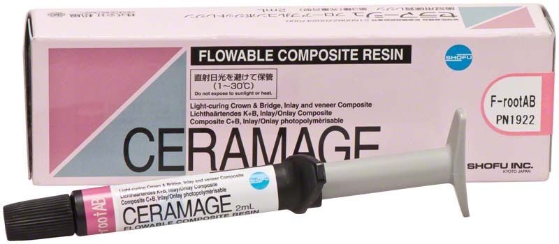 Ceramage Flowable Composite Spritze und Verpackung mit Beschriftung "F-RootAB".