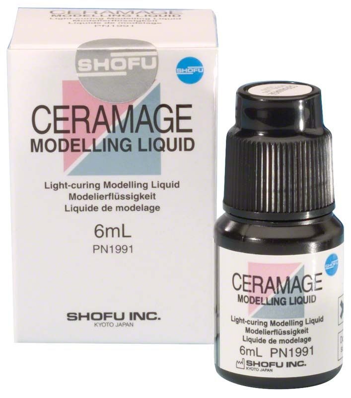 Ceramage Modellierflüssigkeit von Shofu Dental, 6 ml Flasche und Verpackung.