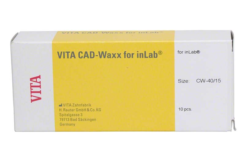 VITA CAD-Waxx Verpackung mit Produktdetails und gelbem Design für dentalen Einsatz.