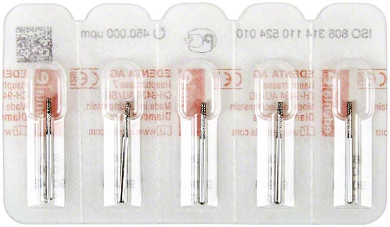 Verpackung mit fünf Diamant FG 836 010 Dentalbohrern in Blisterpackung.