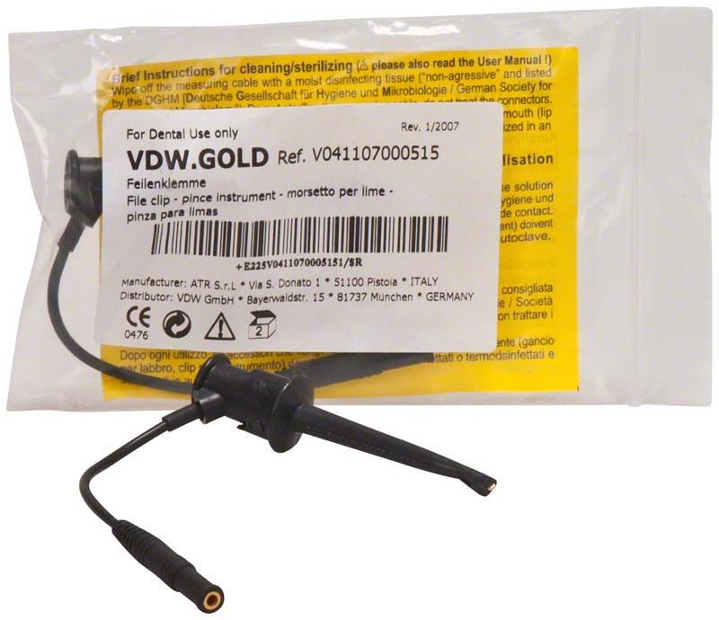VDW.GOLD Feilenklemmen mit Etikett und Kabelanschluss auf Verpackung.