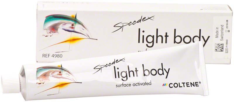 Speedex® light body Tube und Verpackung mit Coltene-Logo auf weißem Hintergrund.