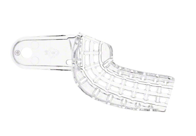 Einweg-Abdrucklöffel aus klarem Kunststoff mit Verstrebungen.