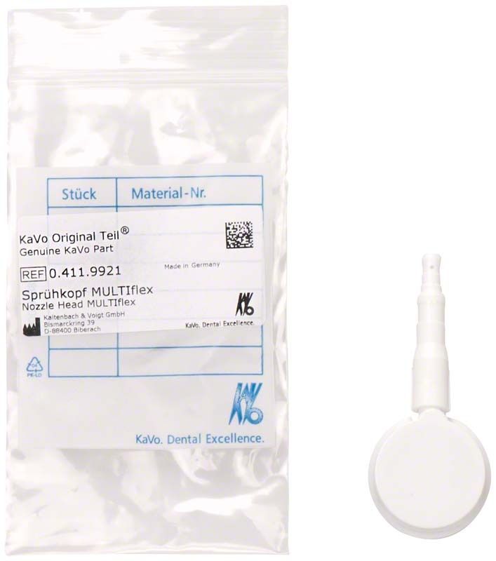 Sprühkopf Multiflex-Ansatz neben Verpackung mit Produktinformationen.