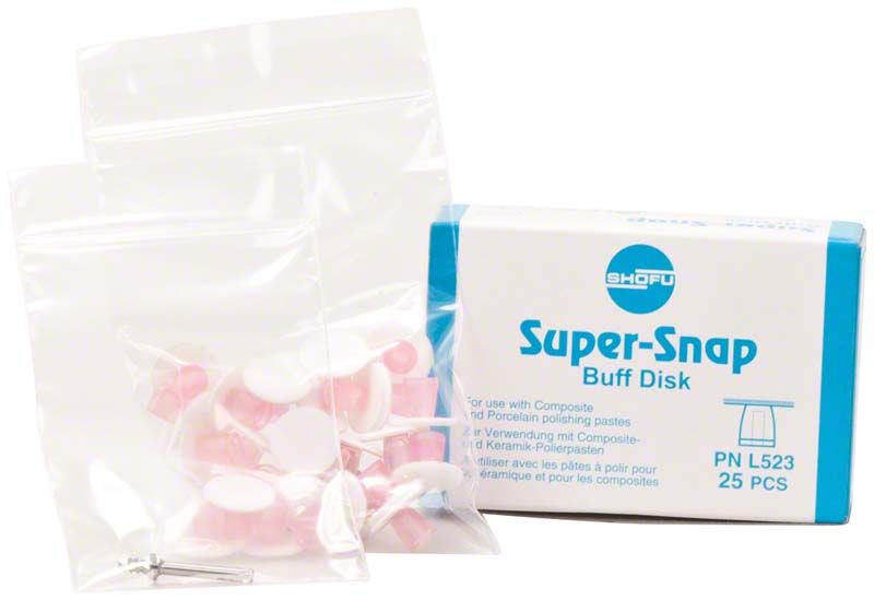 Super-Snap Buff Disk Verpackung mit 25 Polierscheiben von Shofu Dental.