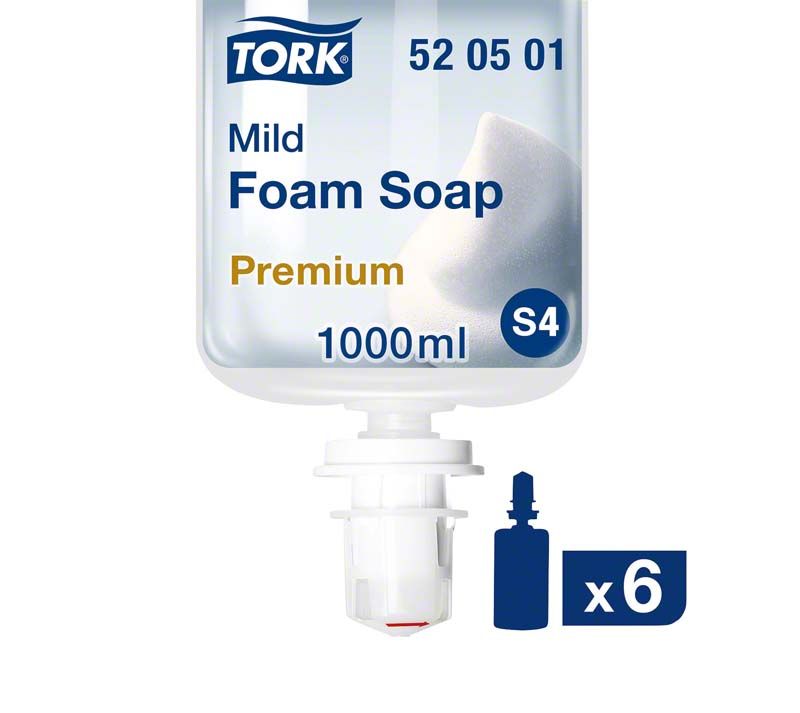 Tork Schaumseife mild 1000ml Nachfüllpackung mit Abbildung von Seifenschaum und Produktdetails.