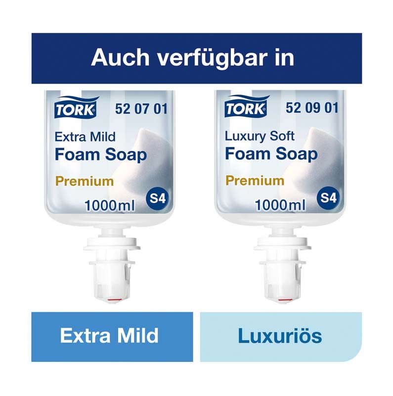 Tork Schaumseife mild Nachfüllpackung in zwei Varianten: Extra Mild und Luxuriös.
