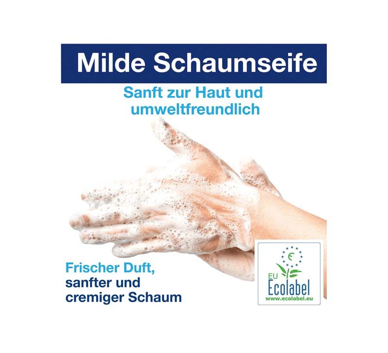 Milde Schaumseife in Anwendung mit EU Ecolabel und Duftbeschreibung.