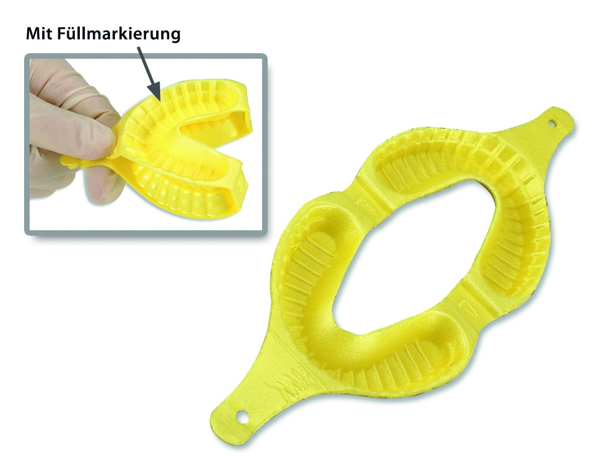 Gelbe Fluoridschiene Mirafluor®-Tray klein mit Füllmarkierung und Detailansicht.