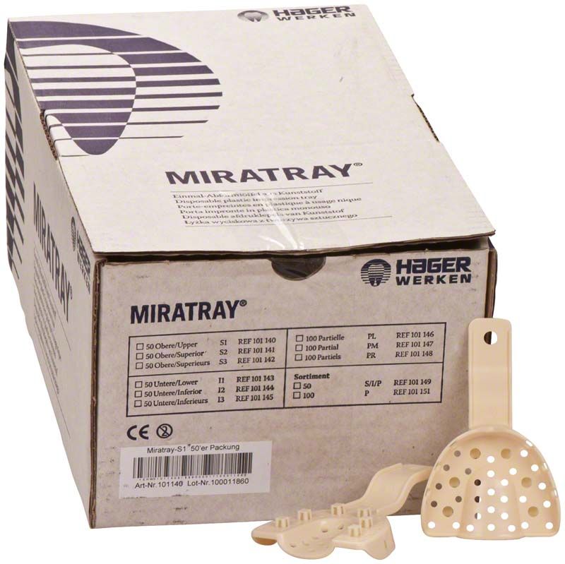 Miratray® 50er OK S1 small Einmal-Abformlöffel aus weißem Kunststoff neben Verpackung.
