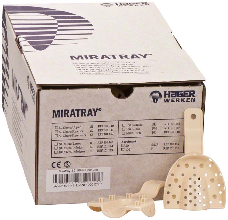 Miratray® 50er OK S2 Einmal-Abformlöffel-Verpackung mit Produktabbildung.